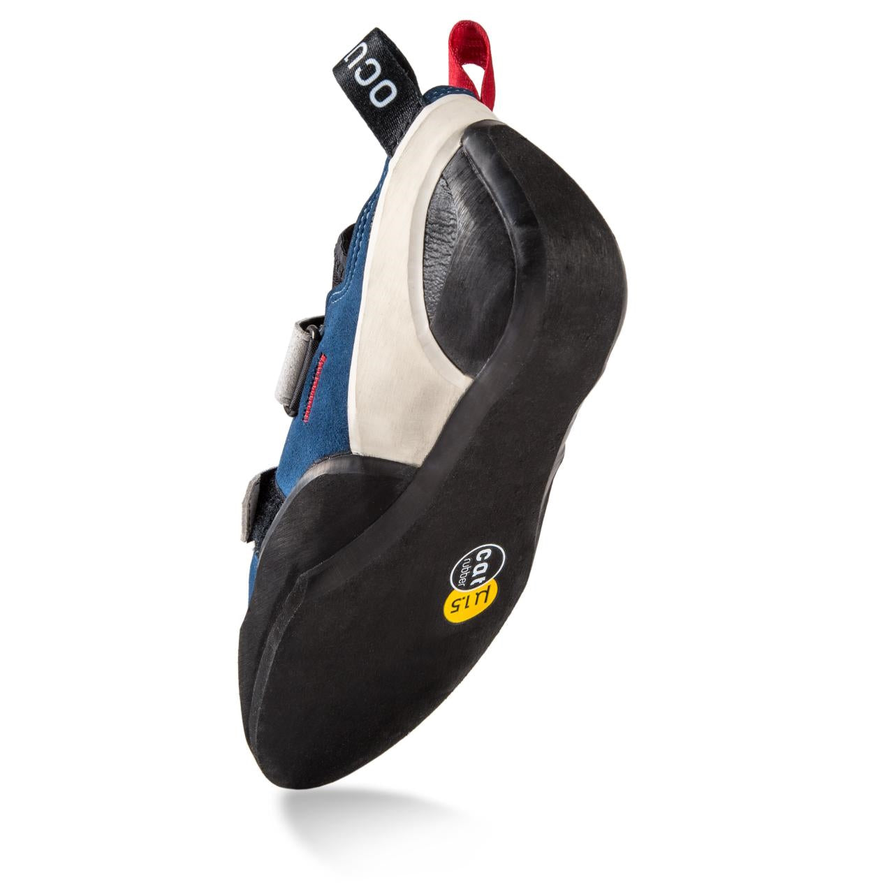 Ocun Advancer QC climbing shoes with dual Velcro straps, flat profile, and CAT 1.5 rubber, designed for intermediate climbers and suitable for Greek and Cube toe types.
