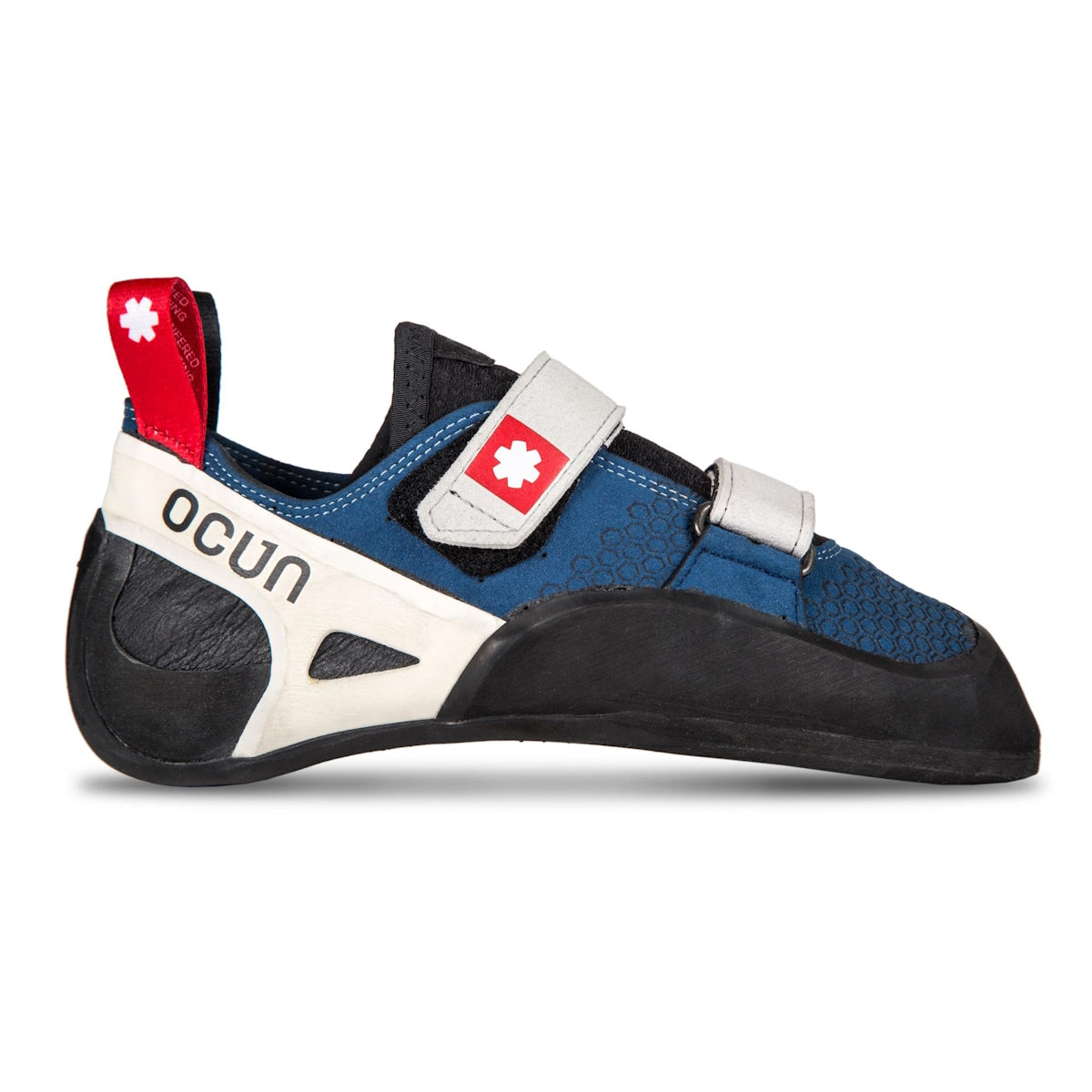 Ocun Advancer QC climbing shoes with dual Velcro straps, flat profile, and CAT 1.5 rubber, designed for intermediate climbers and suitable for Greek and Cube toe types.