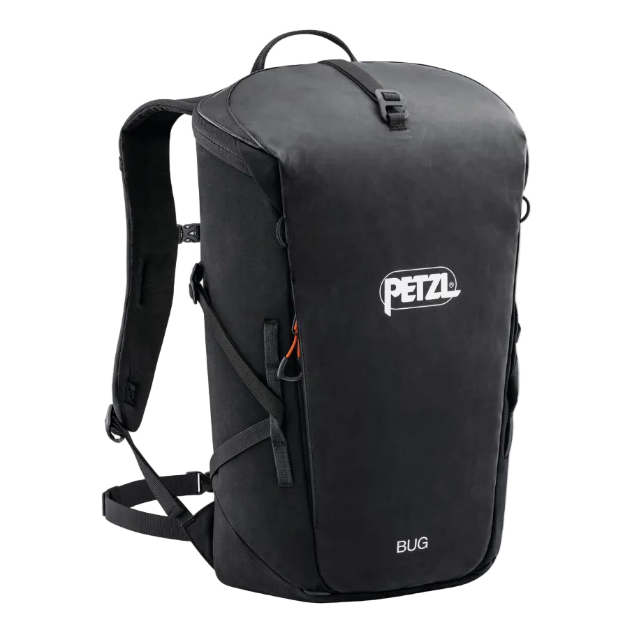 A black Petzl Bug backpack with a white PETZL logo on the front and an orange accent zipper pull, shown on a solid white background.